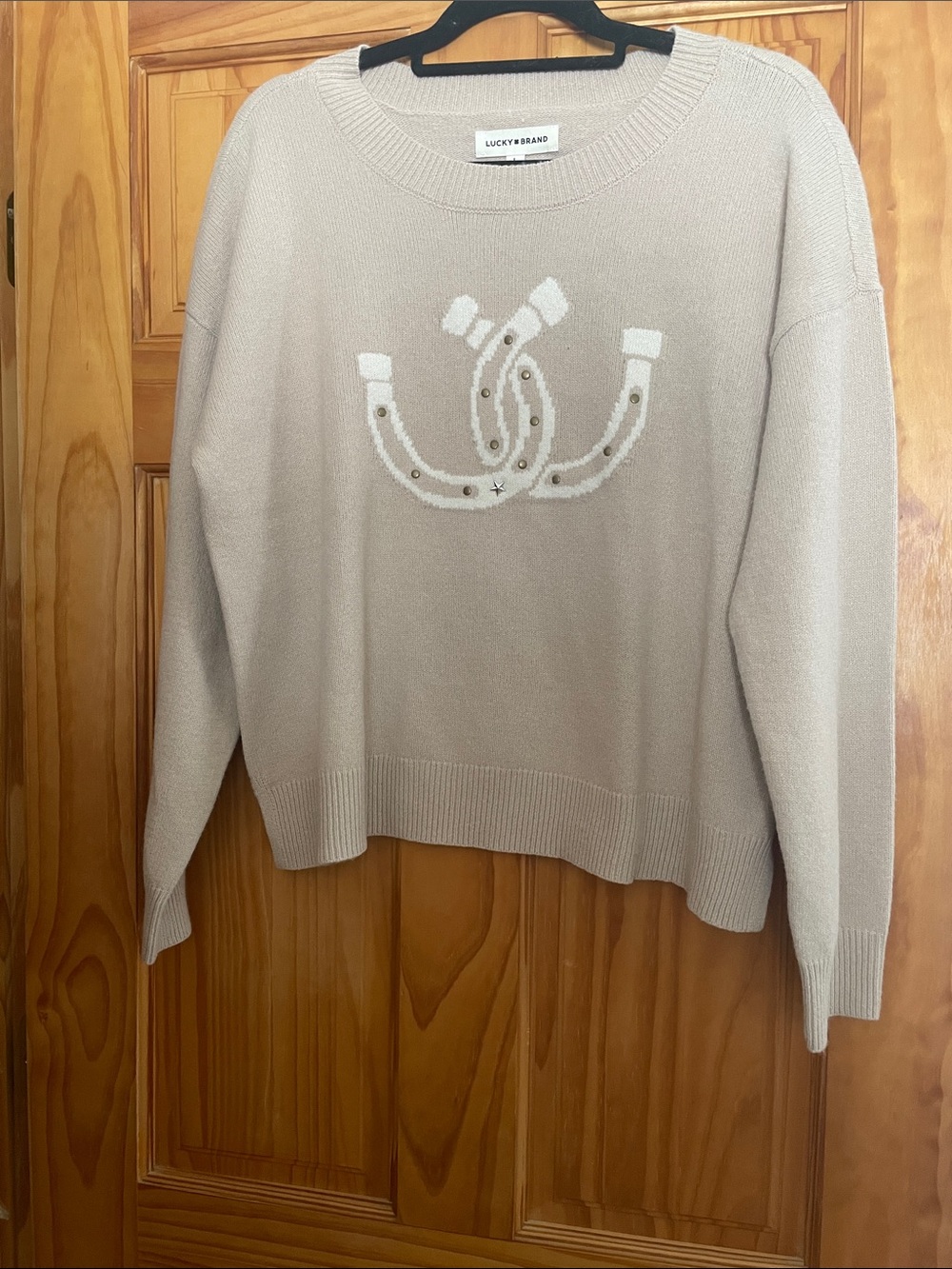 Lucky Brand Beige Scoop Neck Horseshoe Intarsia Sweater
